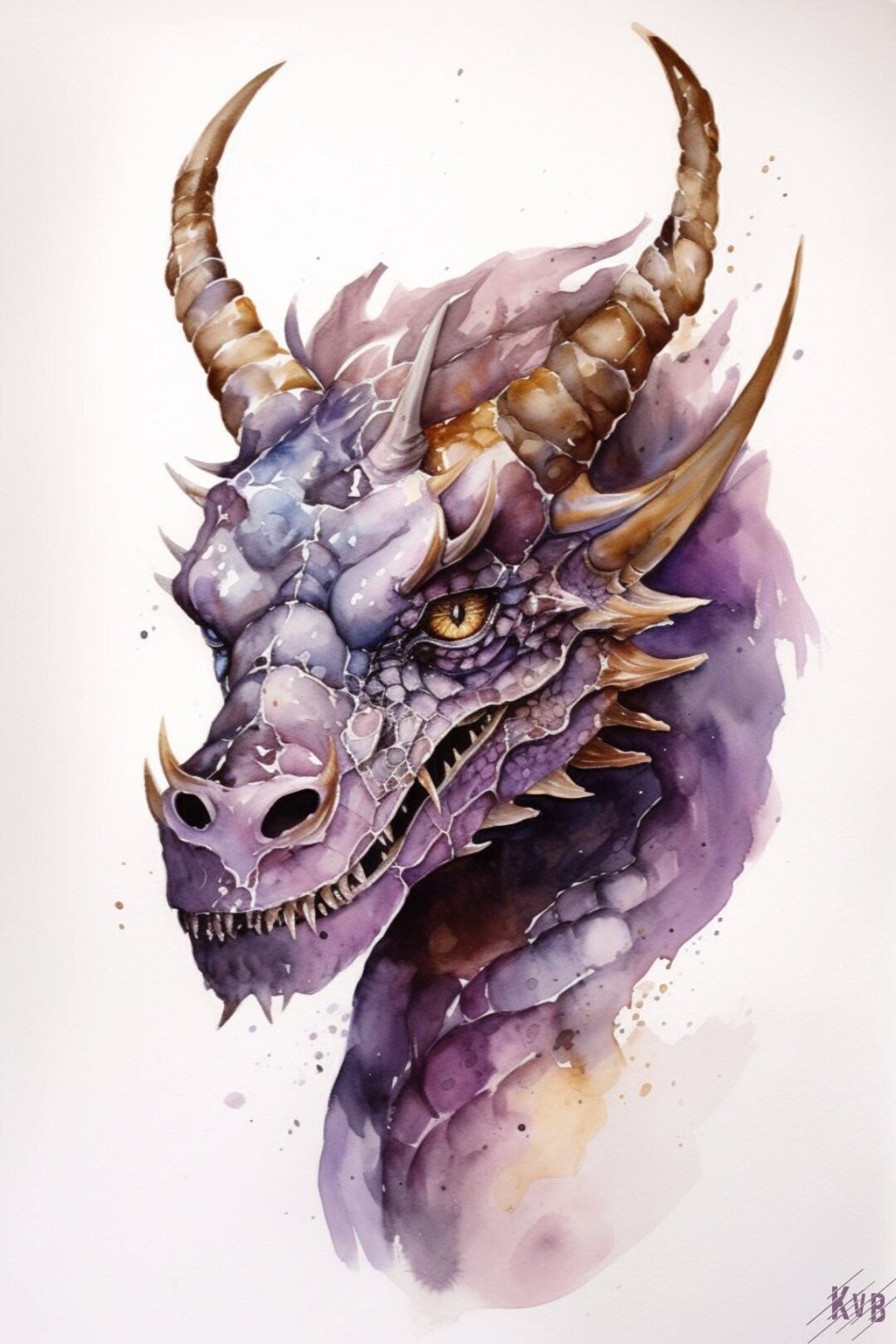 Purple Dragon Watercolor Wall Art Fantasy Art Dragon Art Etsy