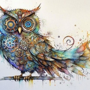 May include: A watercolour painting of a steampunk owl with intricate gears and cogs throughout its body. The owl is perched on a branch with its wings spread out. The background is a light blue with splashes of colour.