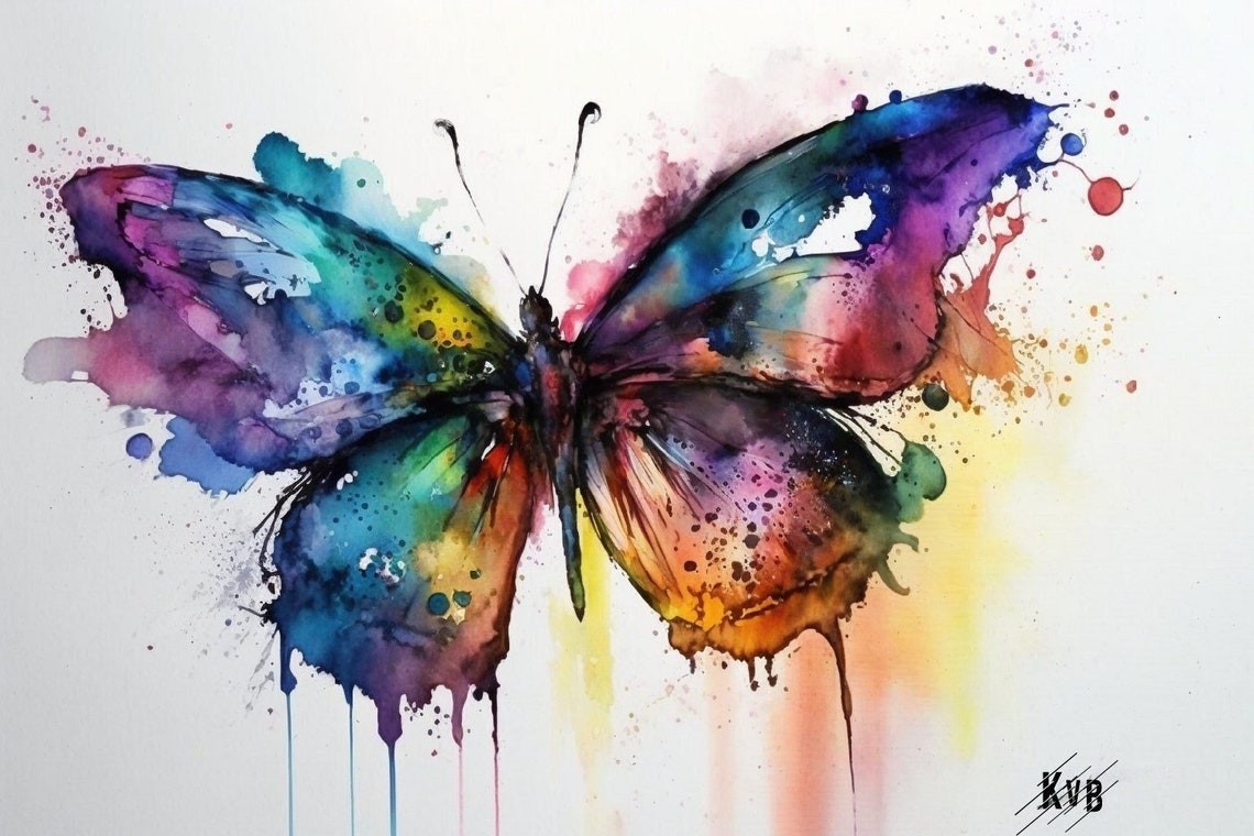 Watercolor Whimsical Butterfly Art Painting Digital Printable, Rainbow ...