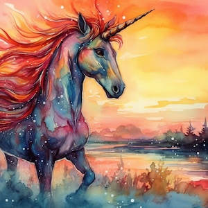 Unicorn at Sunset Watercolor Art Print: Fantasy Nursery Decor (Digital Download)