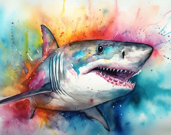Puede incluir: Una pintura de acuarela de un gran tiburón blanco con un fondo colorido. El tiburón se representa con la boca abierta, mostrando sus afilados dientes. El fondo es una mezcla vibrante de azul, verde, amarillo, naranja y rosa.