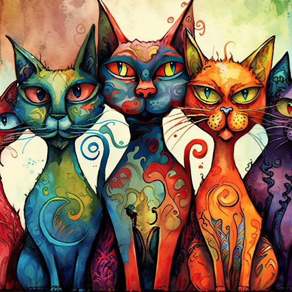 Five Whimsical Cats! Brightly Cats, Colored, Watercolor art, Landscape, Home Decor, Digital Printable, Wall hangings, kids, pets, cool cats