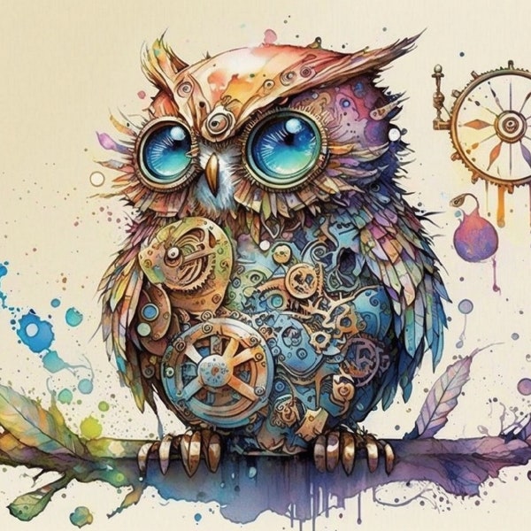 Chubby Steampunk Owl, watercolor art, owl illustration, Cute owl artwork, Steampunk decor, Nursery wall art, Digital, owl home decor, kid's