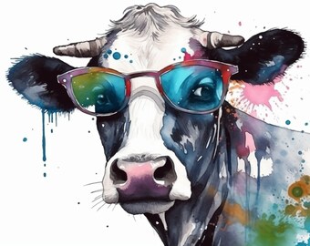 サングラスをかけた牛の水彩画アートプリント：面白い農場の動物（デジタルダウンロード）