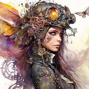 Steampunk Fairy, fantasy art, butterflies, wall art, home office decor, kid&#39;s room decor, nursery, digital print, fairy lovers, portrait art