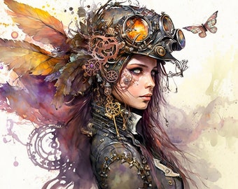 Steampunkowa grafika wróżki: Portret motyla (pobranie cyfrowe)