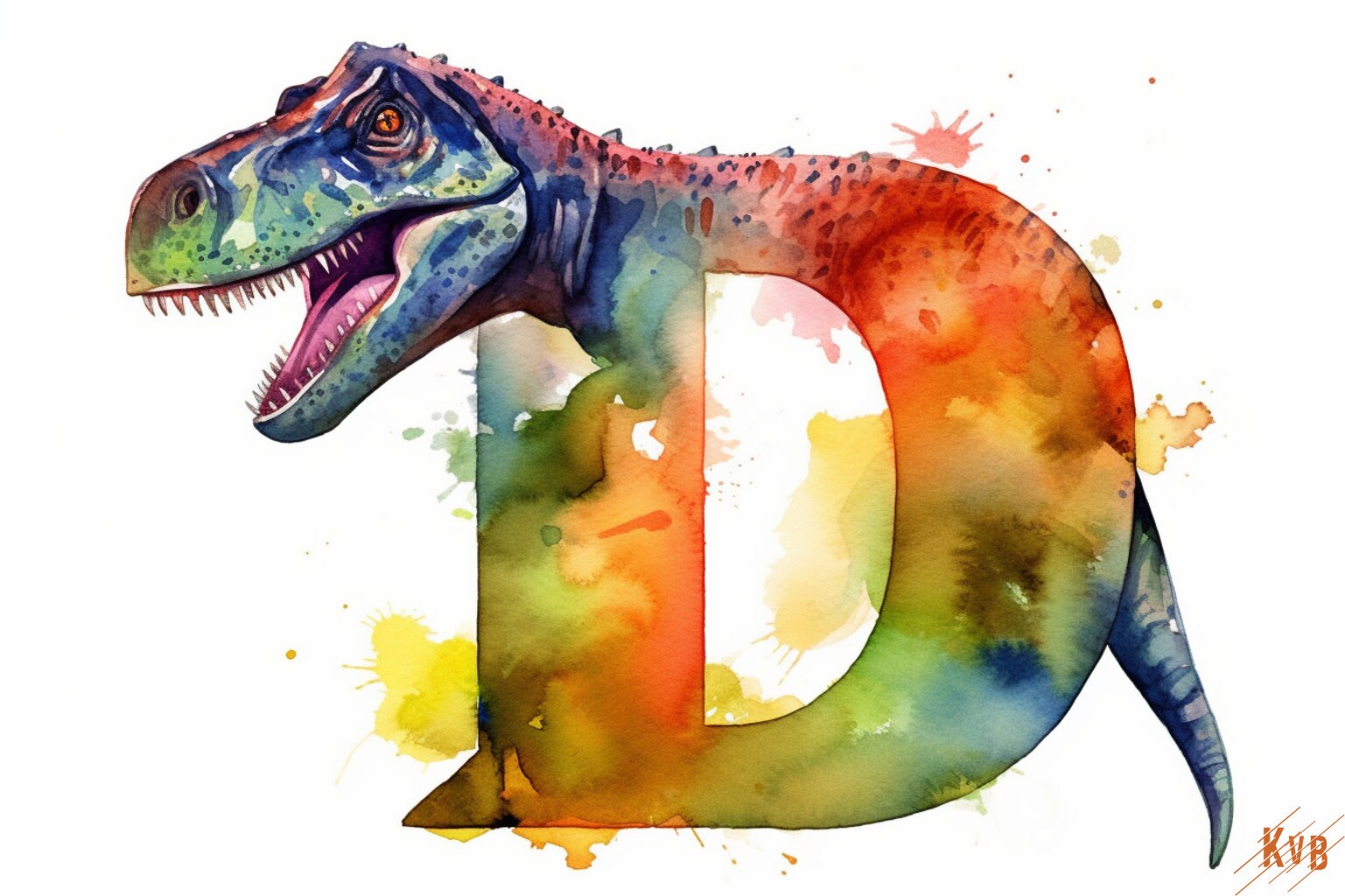 D is for Dinosaur, Alphabet Wall Art, Watercolor Letter D, Educational