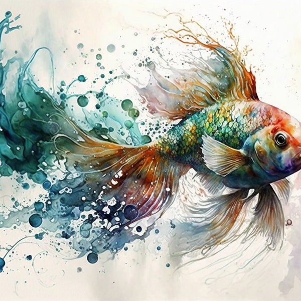 Goldfish, watercolor digital art print, feng shui art, wall art, home office decor, beach or lake house art, fish art, instant download
