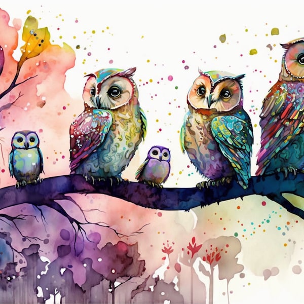 Owl Family. Six birds on a branch, watercolor art, wildlife art, wall art, bird lovers, owl lovers, wall art, digital printable, home office