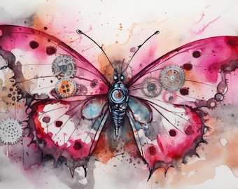 Steampunk Hot Pink Butterfly Watercolor Art Print (Digital Download)