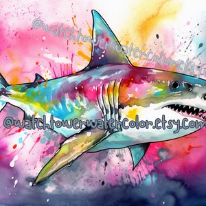 Pop Art Great White, watercolor art, fish art, shark print, home office decor, kids room art, shark lover gift, ocean art, wall art, shark