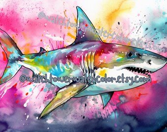Puede incluir: Una pintura de acuarela de un gran tiburón blanco con un fondo abstracto colorido. El tiburón se representa en una pose dinámica, con la boca abierta y los dientes visibles. El fondo es una mezcla vibrante de rosa, azul, amarillo y verde.