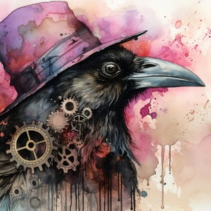 Steampunk Crow, watercolor, wall art, wall prints, home office decor, fantasy art, bird art, dystopian art, bird lover, steampunk lover, art