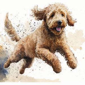 GoldenDoodle Dash!  GoldenDoodle Watercolor Painting- Playful and Active Dog Art for Home Decor and Wall Art-Perfect Pet Portrait, dog lover