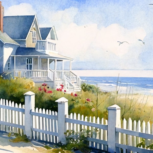 Beach House, Watercolor beach house art, Coastal art, beach landscape, Beach house art, Nautical watercolor art, Oceanfront art, vacation