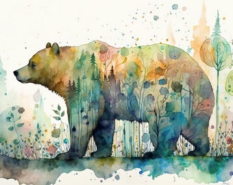 Bear Forest Fusion, arte della fauna selvatica, acquerello, fusione di arte del paesaggio forestale, arte della parete, arredamento dell'home office, stampa della natura, arte dell'orso, arte degli animali