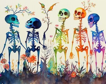 The Skeleton Kids. Playful Skelton art, nursery art, kids painting, day of the dead art, kid's room decor, fantasy art, wall art, whimsical