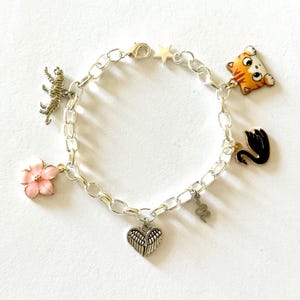 May include: Silver charm bracelet featuring various charms, including a pink flower, a cat, a heart with wings, a star, a snake, and a tiger. The bracelet is made of silver-colored metal and has a lobster clasp closure.