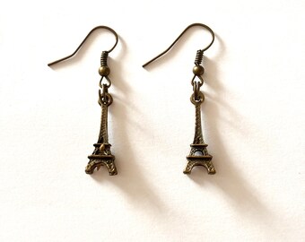 Eiffel Tower Bronze Charm Earrings and Gold Charm Necklace