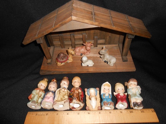 13 Piece Children Nativity Set Porcelain Christmas Stable Shipping Included