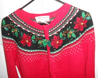Red Cardigan Sweater Christmas Collection Heirloom Collectibles Poinsettia Vintage Large to Medium See Measurements