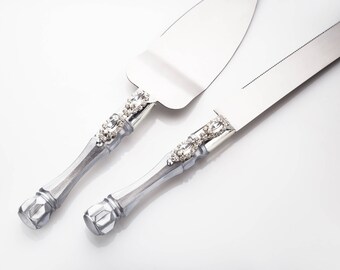 Silver wedding cake server with rhinestones Wedding server and knife Silver cake cutting set Custom cake server Wedding cake server knife