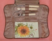 Antique Leather Bound Silk Lined Ox Bone Sewing Kit Set Etui Scissors Button Hook Mechanical Pencil Ribbon Bodkin Anchor Emblem