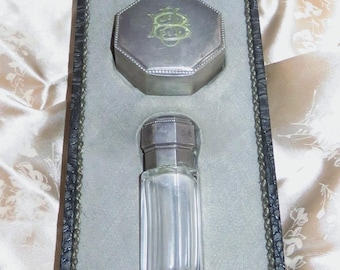 Antique Solid Silver Scent Bottle & Compact Case Boxed Set - Wilhelm Binder Germany Perfume Set - Bottle w/Stopper - Mirrored Compact Case