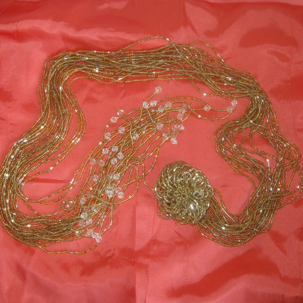 Antique Art Deco 1920's Gold & Clear Glass Beaded Flapper Sautoir Necklace - Lariat Style - Belt - Headband - Hand Beaded Roaring Twenties