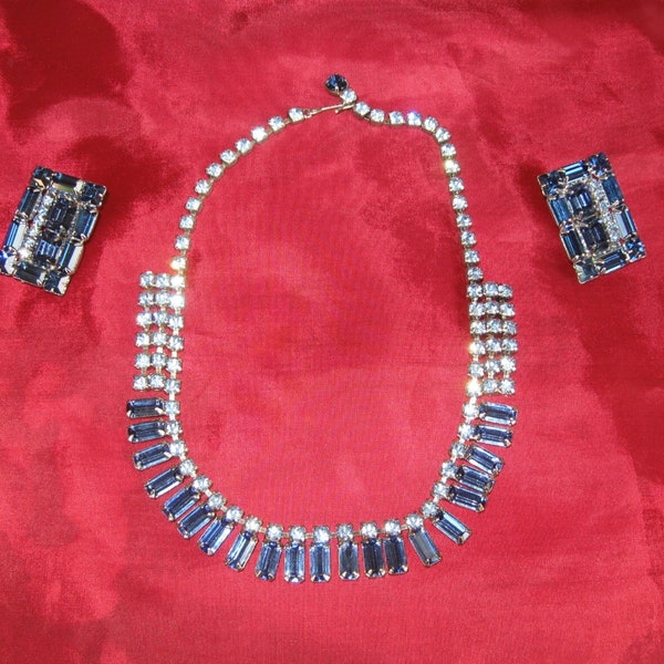 Fabulous Vintage WEISS Demi Parure Necklace & Earrings Matching Set-Blue Rhinestones-Silver Metal-Designer Signed Weiss