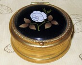 SALE Antique Brass Box-Faux Pietra Dura Rose Leaf Top Box Casket -Powder Box-Snuff Box-Mirrored Compact-Hinged Trinket Patch Box