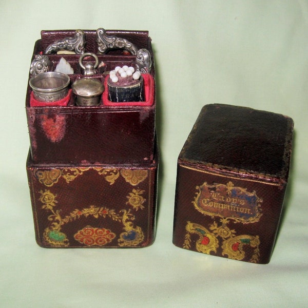 Antique Sewing Lady's Companion Etui-Extensive Set Sterling Silver Scissors-Thimble-Scent Bottle-Knife-Awl-Pencil-Berry Pins-Leather Box