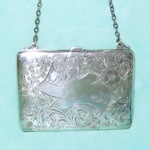 Antique Sterling Silver Engraved Calling Card Case With Chain