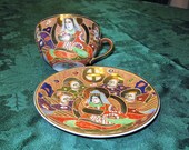 Antique Hand Painted Occupied Japan Cup Saucer Set Full Size Japanese Satsuma Moriage Gold Gilt Lefton China Porcelain