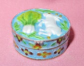 Antique Sterling Silver Gilt Cloisonne Enamel Bunny Rabbit Box-Patch Box-Pill Box-Snuff Box-Rouge-Chinese Asian SILVER Enameled Hinged Box