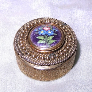 Antique French Guilloche Enamel Hand Painted Compact - France Pill Box - Rouge Case - Snuff Box - Hinged & Beveled Mirror - Purple Enamel
