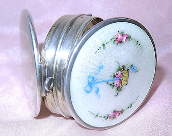 Antike Sterling Silber Guilloche Emaille Chatelaine Compact - Gemalt Rosen - Beidseitig & Scharnier Doppel Fächer - Blackington