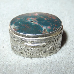 Antique French Silver Agate Box-Snuff Box-Patch Box-Pill Box-Hinged Engraved 800 Continental Silver Mounted Beveled Agate-France Hallmarks