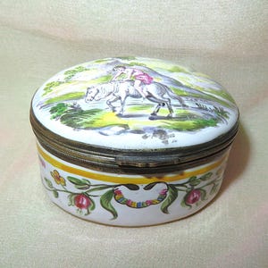 Antique Hand Painted Snuff Box - Hinged Copper Mounted Enamel Box - Patch Box - Boy Riding White Horse in Countryside & Flowers - Maker Mark