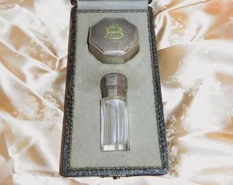 Antique Solid Silver Scent Bottle & Compact Case Boxed Set - Wilhelm Binder Germany Perfume Set - Bottle w/Stopper - Mirrored Compact Case