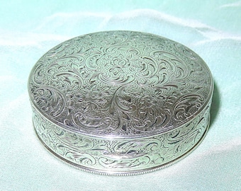 Antique Austrian 900 Sterling Silver Engraved Loose Powder Compact Case - Mirrored & Etched Acanthus Scrolls and Flowers - Hallmarked