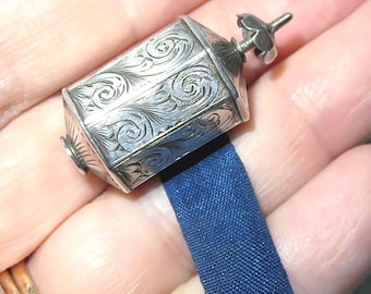 Antique Victorian Sterling Silver Retractable Sewing Tape Measure - Engraved Acanthus Scrolling - Hand Stamped/Painted Numbers on Silk Tape