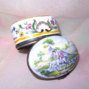 Antique French Porcelain Hand Painted Box - Hinged Copper Mounted Enamel Box -Snuff Box - Boy Riding White Horse in Countryside - Signed VP