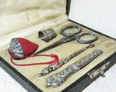 Antique Sterling Silver Sewing Box-Hallmarked Tools-Fitted Sewing Necessaire Etui-Needle Case-Scissors-Strawberry Emery-Thimble-Button Hook