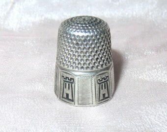 Scarce Antique Sterling Silver Thimble with engraved Castle Towers Turrets - Sterling Paneled Thimble - Unique Sterling Silver Thimble