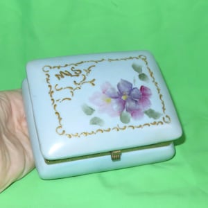 Vintage Porcelain Jewelry Box - Hand Painted Porcelain Casket - Hinged Dresser Box - Vanity Box - Trinket Box - Painted Flowers - Gilt Trim