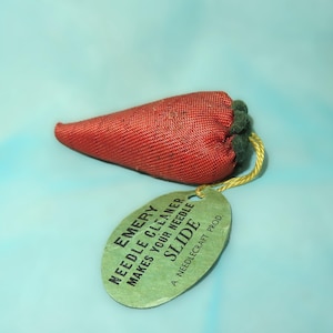 Vintage Antique Orange Silk Strawberry Sewing Emery - Chatelaine Needle Sharpener - Silk Sewing Needle Cleaner Pin Cushion - Felt Leaves