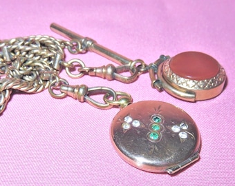 Antieke GF-zakhorlogeketting en twee sleutelhangers - Carneool en dweil met topaas spinnerfob en G.F. Paste Stones Locket Fob - T-stang en hondenclips