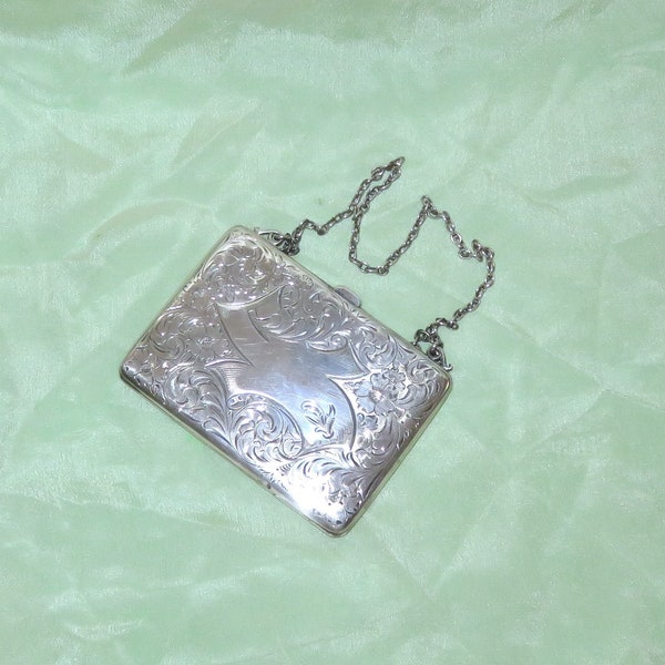 Antique Sterling Silver Engraved Calling Card Purse with Chain Handle - Watrous Mfg. Co. Sterling Silver Coin Purse - Watered Silk Interior