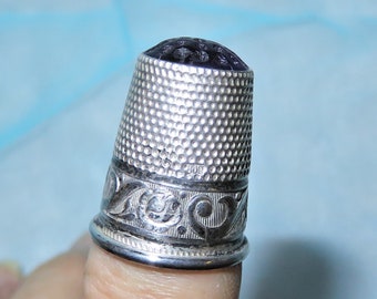 Antique 800 Silver Embossed Repousse Rosebud Flowers & Acanthus Scrolls Thimble with Purple Glass Stone Top - Gold Wash Interior